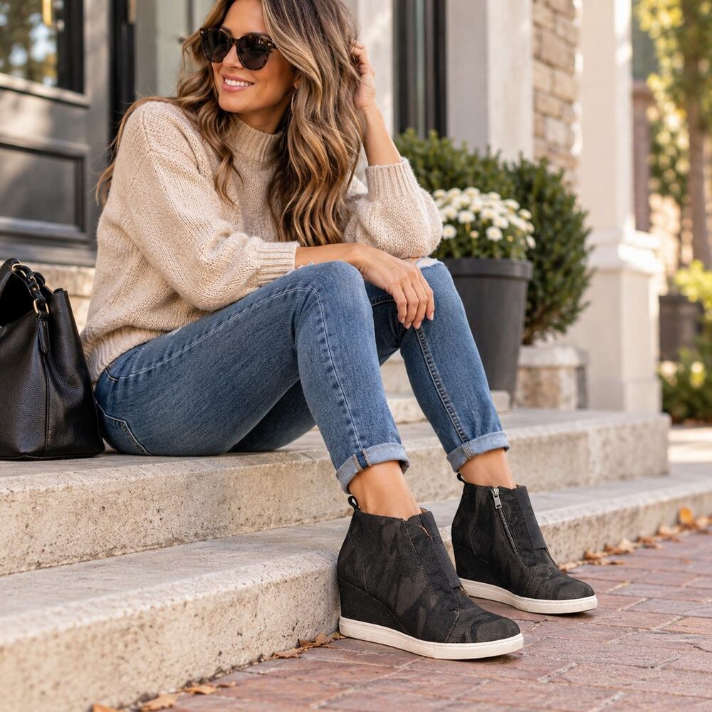 Linea Paolo Felicia Wedge Sneakers Women 8.5 M Black Camo Zip Booties